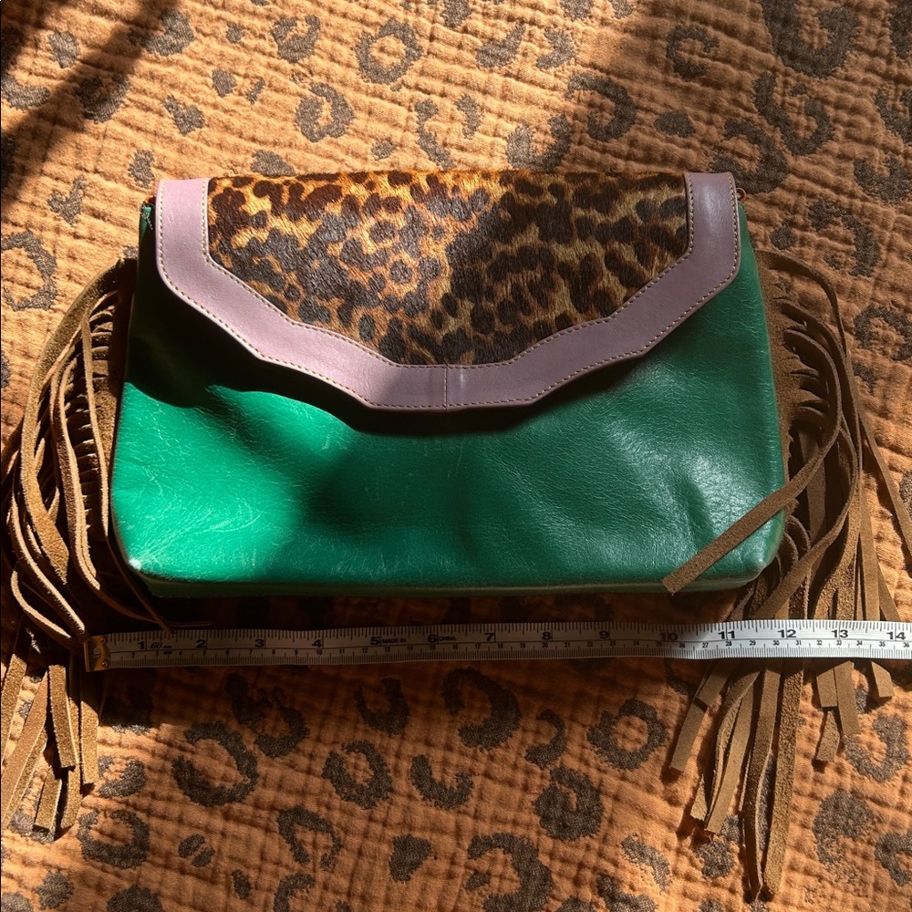 Green and Leopard Print Fringe Clutch
